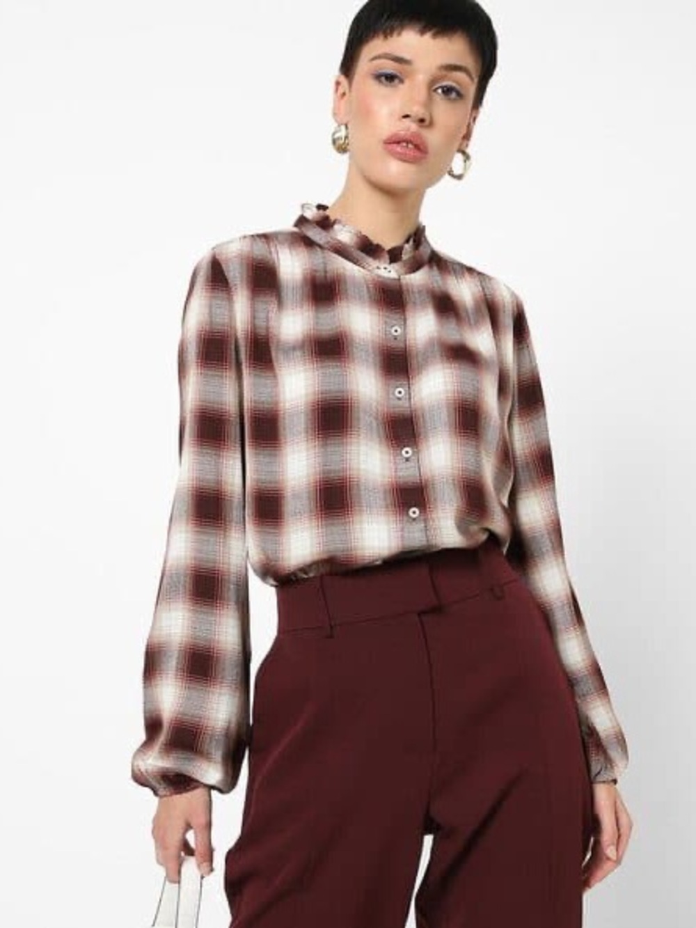 TOMMY HILFIGER Checked Shirt with Ruffled Neckline in S